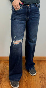 High Rise Distressed Wide Leg Risen Jeans