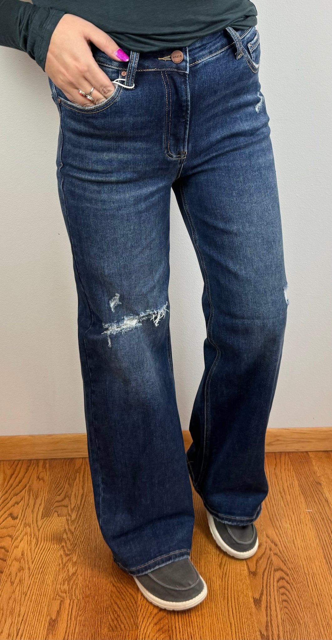High Rise Distressed Wide Leg Risen Jeans