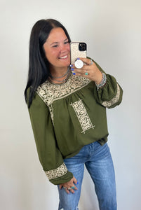 Olive Embroidered Top