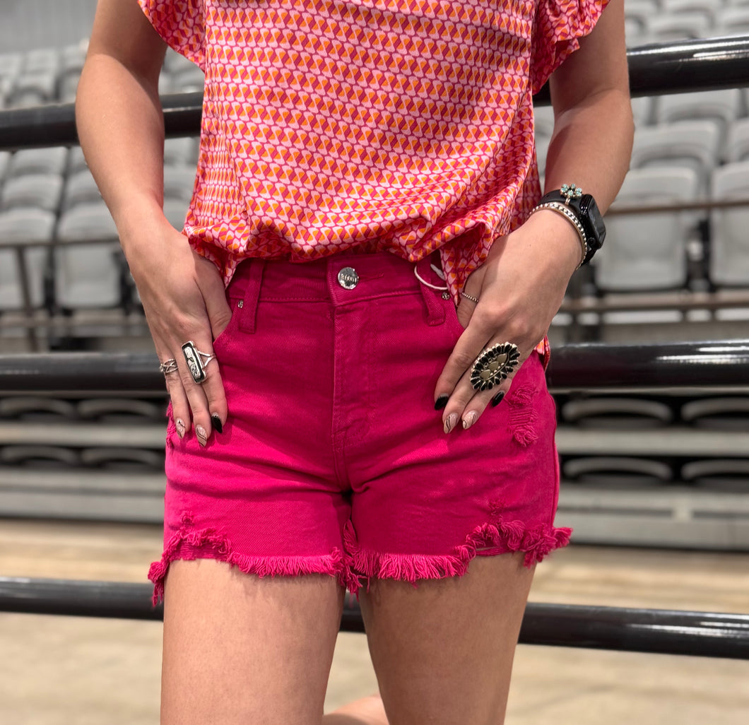 Fuchsia Frayed Hem Risen Shorts