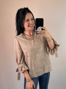 Taupe Tie Detail Sleeve Top - PLUS