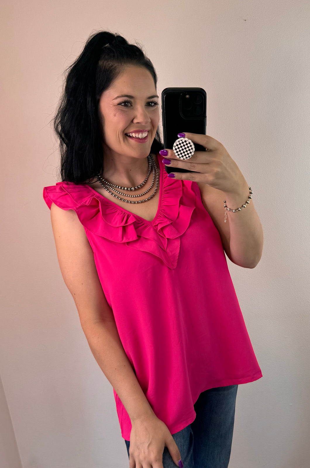 Fuchsia Double Ruffle V Neck Top