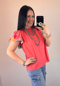 Coral Embroidered Sleeve Top