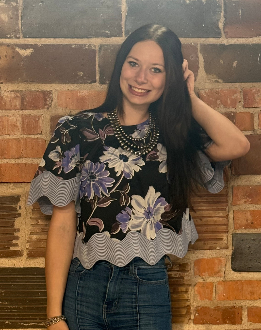 Black Floral Scallop Top