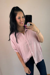 Berry Pinstriped Button Down Top