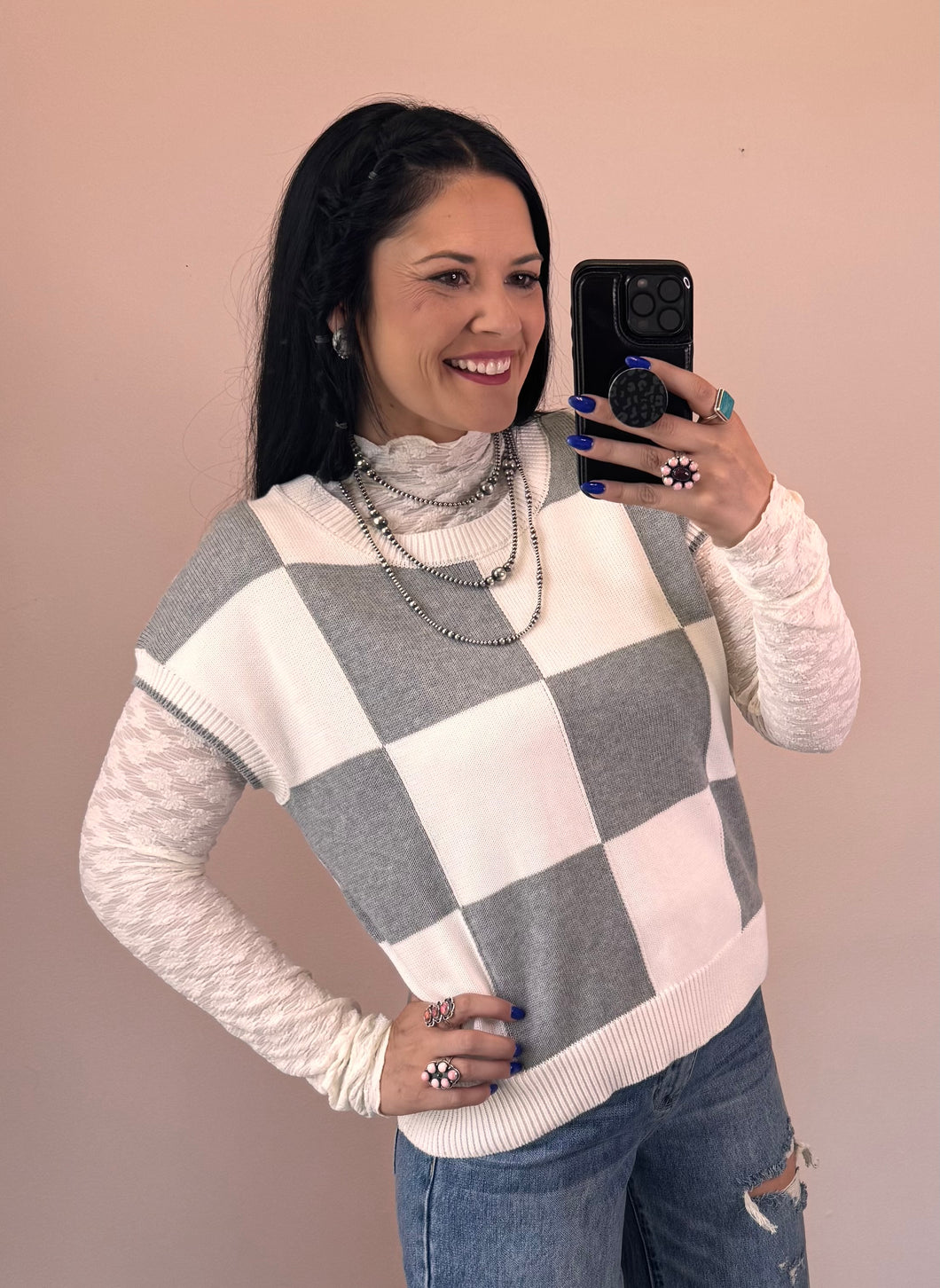 Grey Checkered Sweater Vest