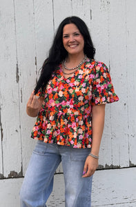 Black Floral Peplum Top