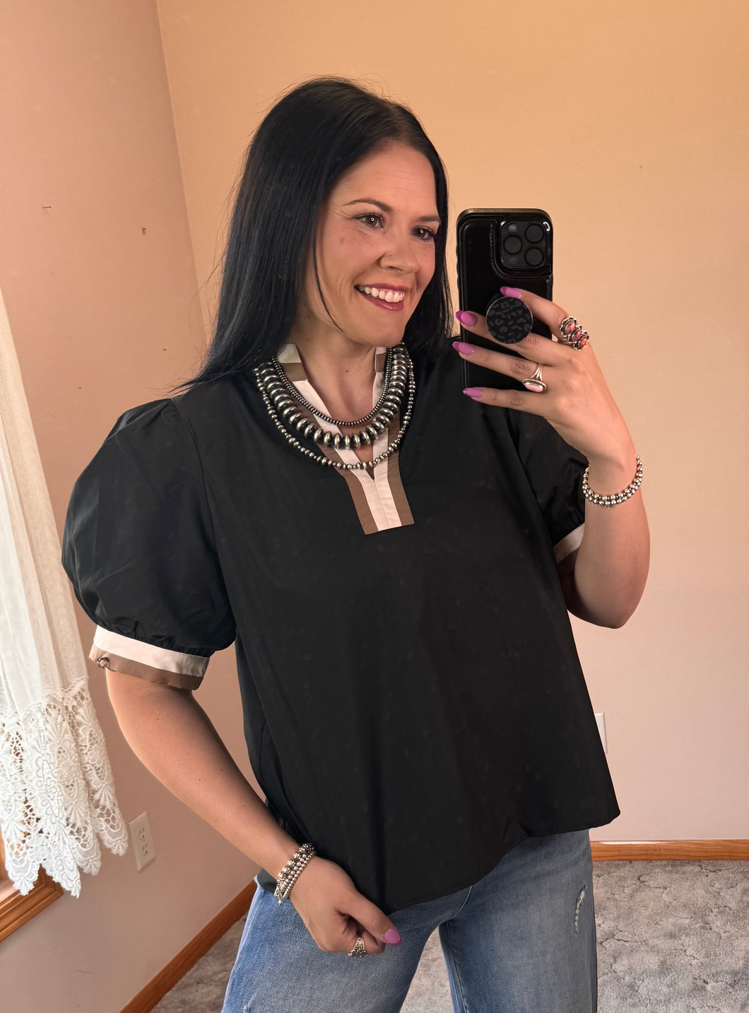 Black Short Bubble Sleeve Top - PLUS