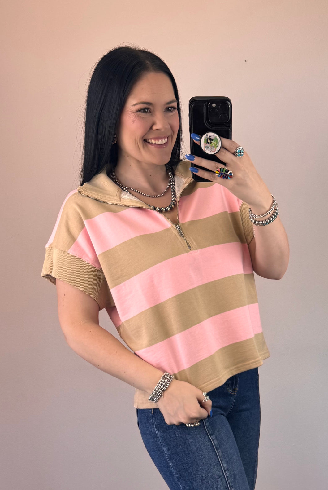 Short Sleeve Striped 1/4 Zip Pullover **2 COLORS** - PLUS