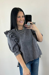 Charcoal Mineral Wash Ruffle Top - PLUS