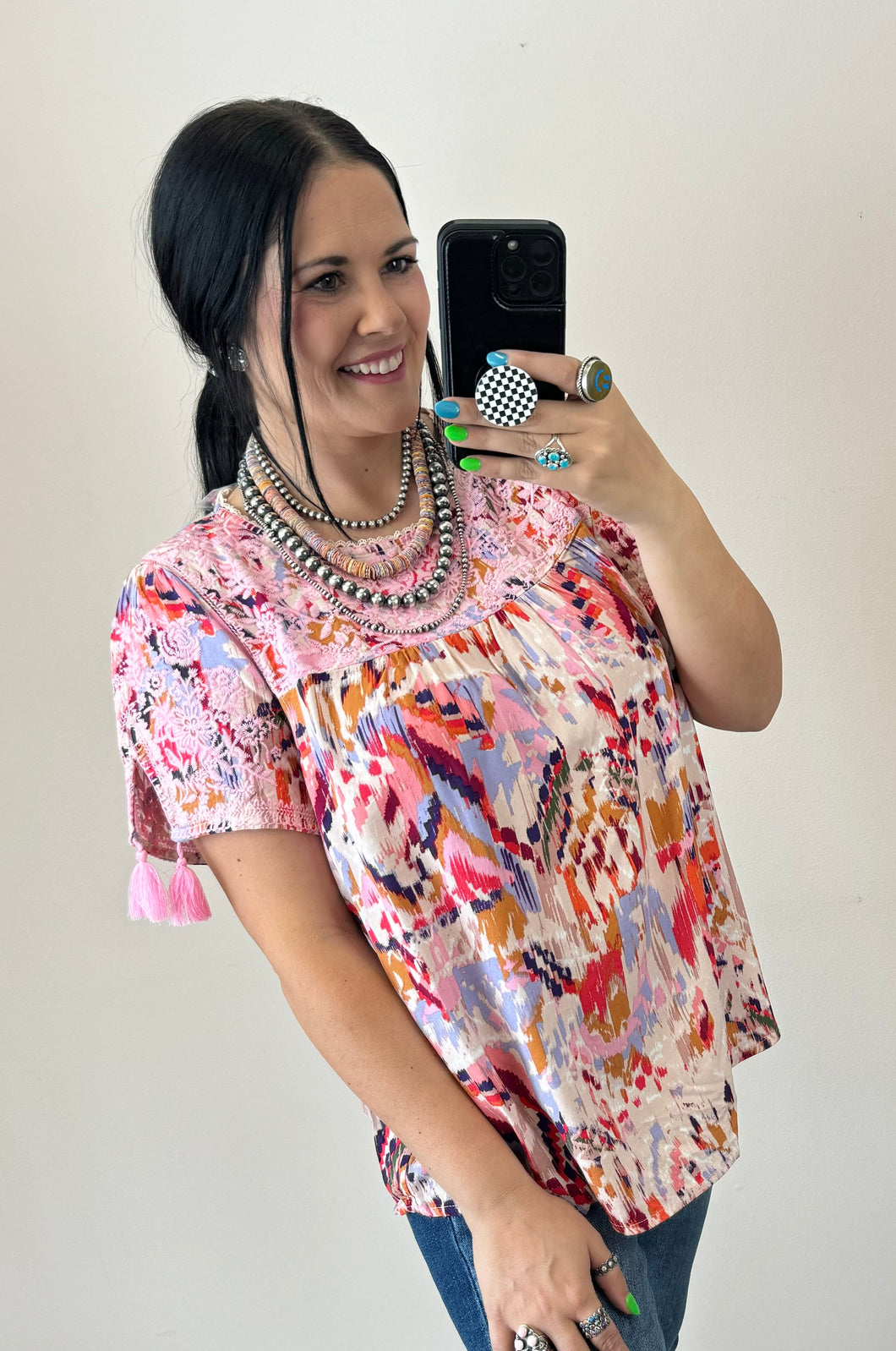 Pink Aztec Embroidered Top