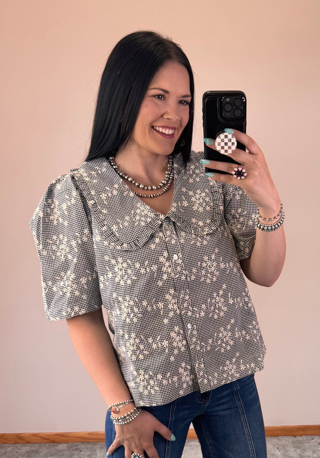 Black Gingham Embroidered Top