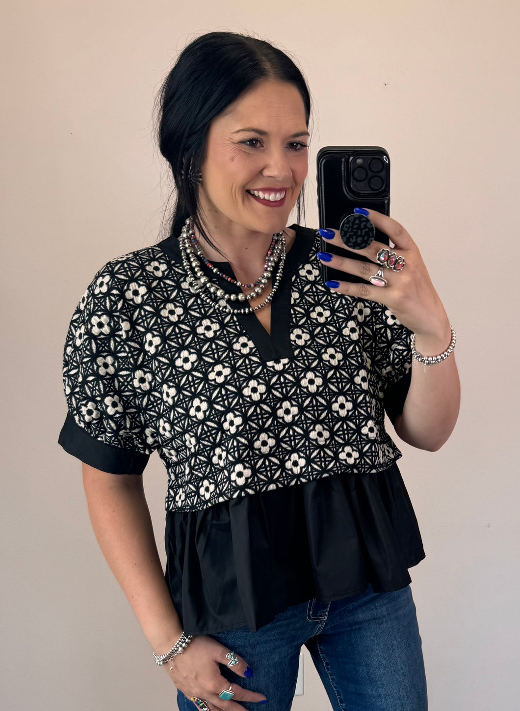 Floral Jacquard Peplum Top **3 COLORS**