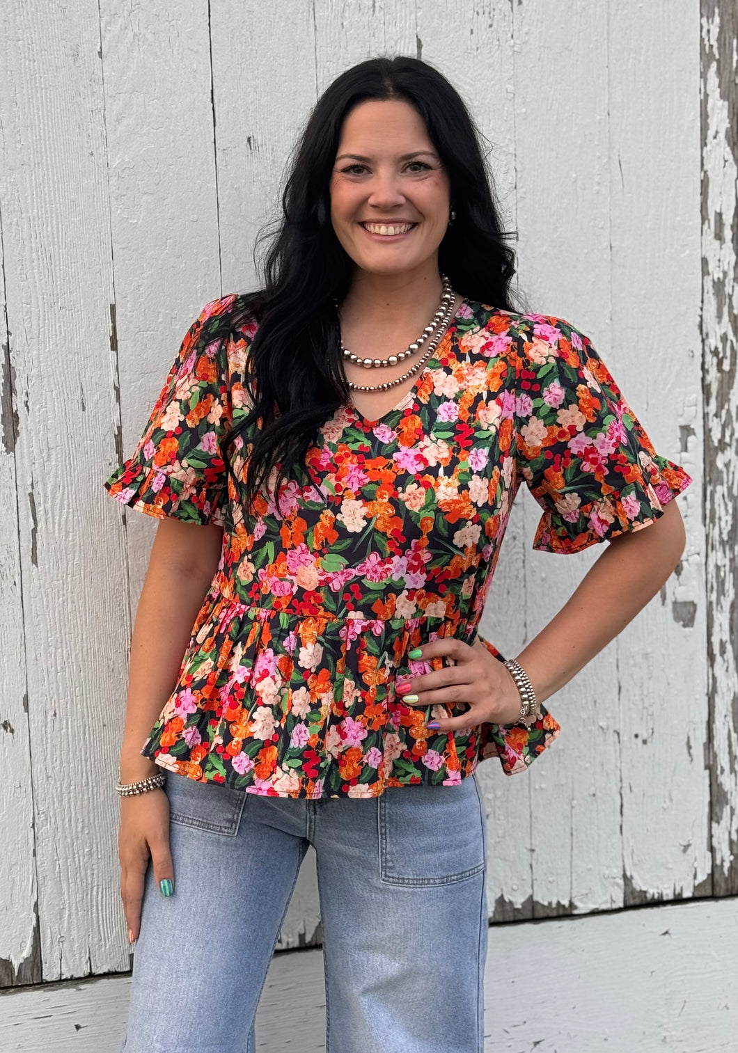 Black Floral Peplum Top