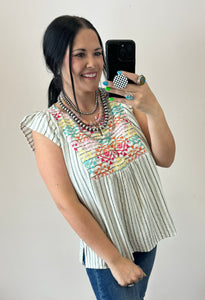 Striped Aztec Embroidered Top