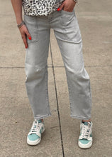 Load image into Gallery viewer, Mid Rise Grey Wash Barrel Risen Jeans
