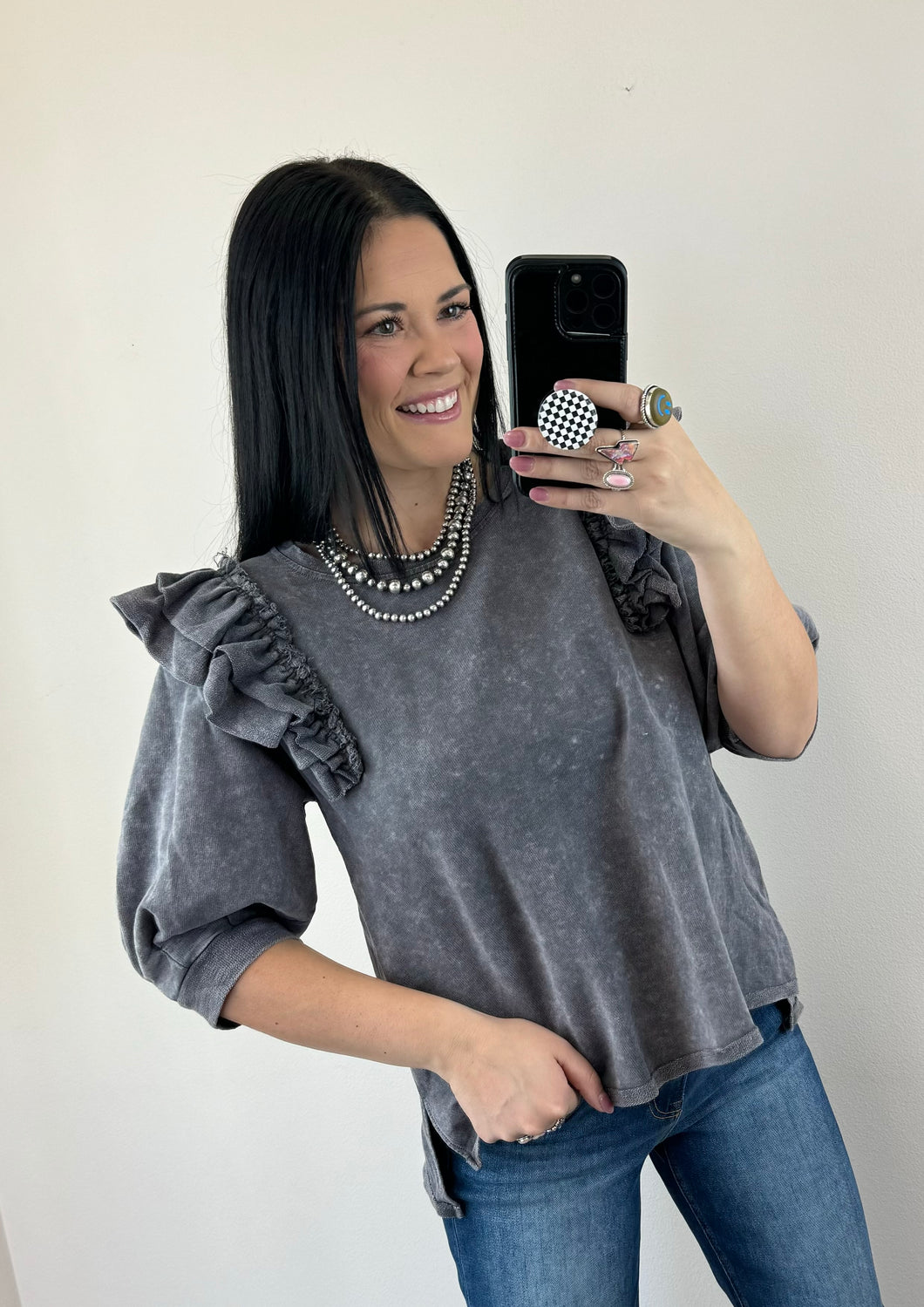 Charcoal Mineral Wash Ruffle Top - PLUS