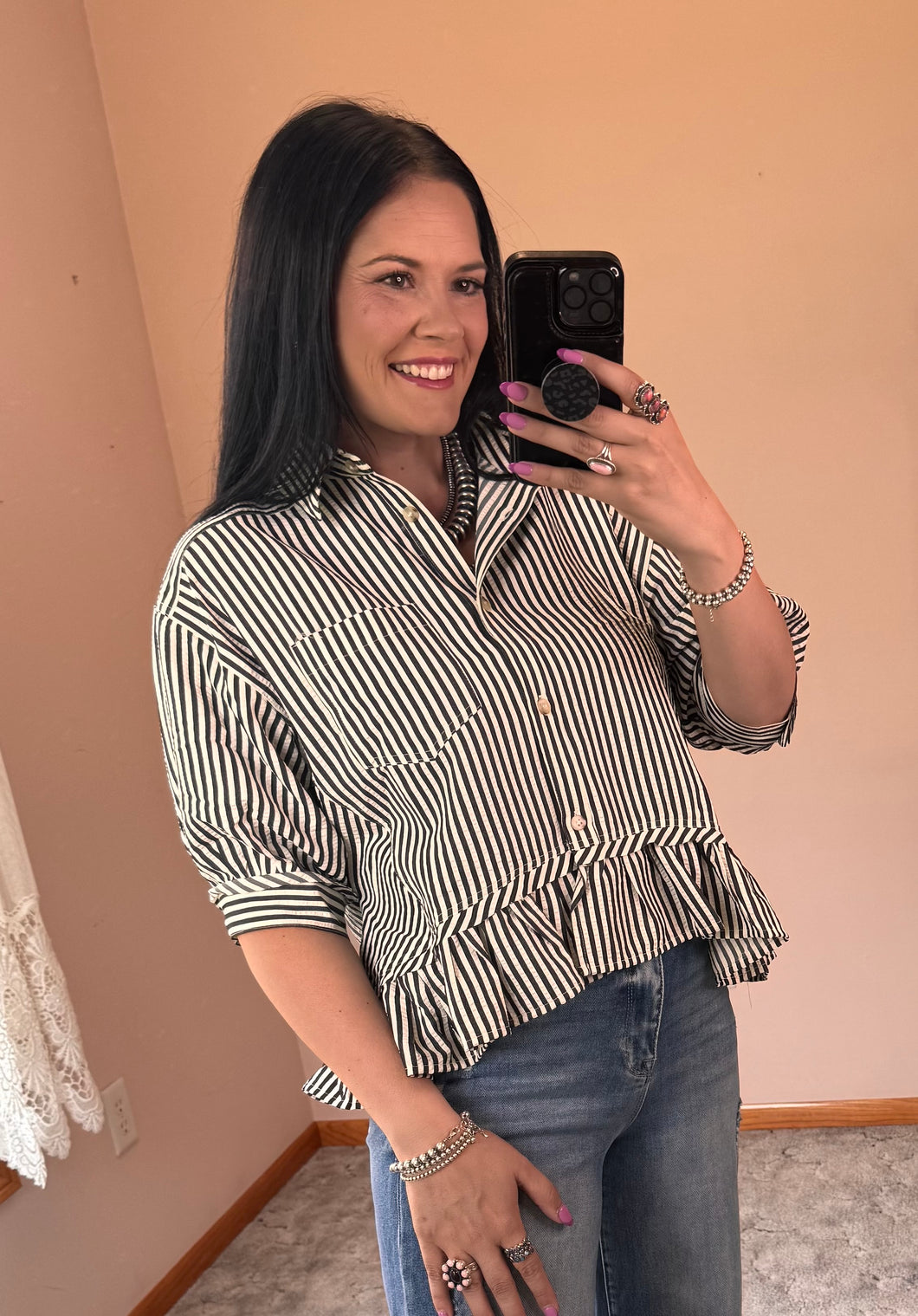 Striped Ruffle Hem Button Down Top