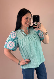 Mint Embroidered Sleeve Top