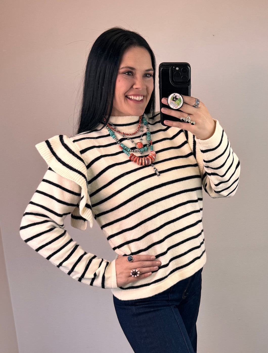 Black Striped Mock Neck Sweater