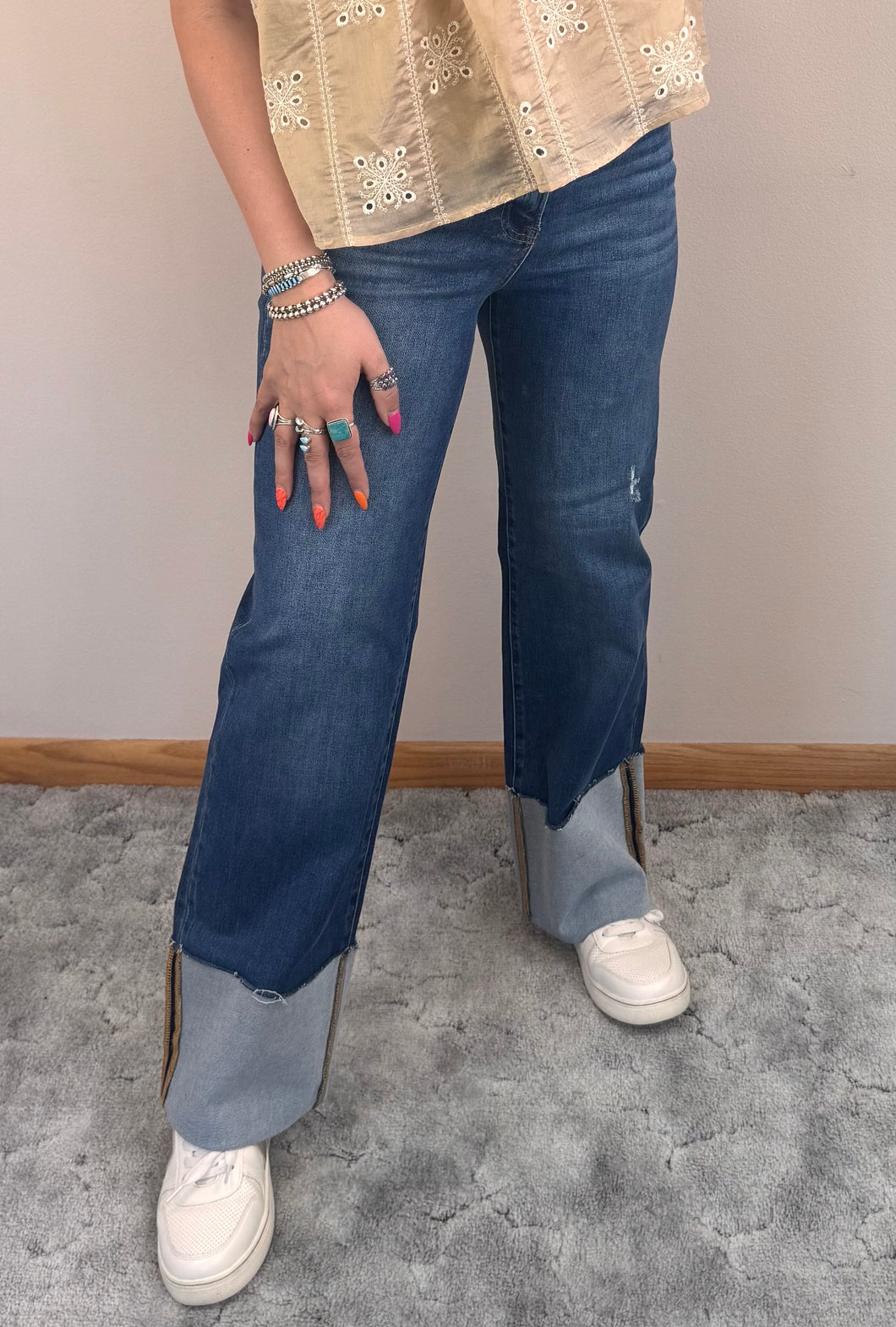 Dark Wash Wide Leg Cuffed Risen Jeans