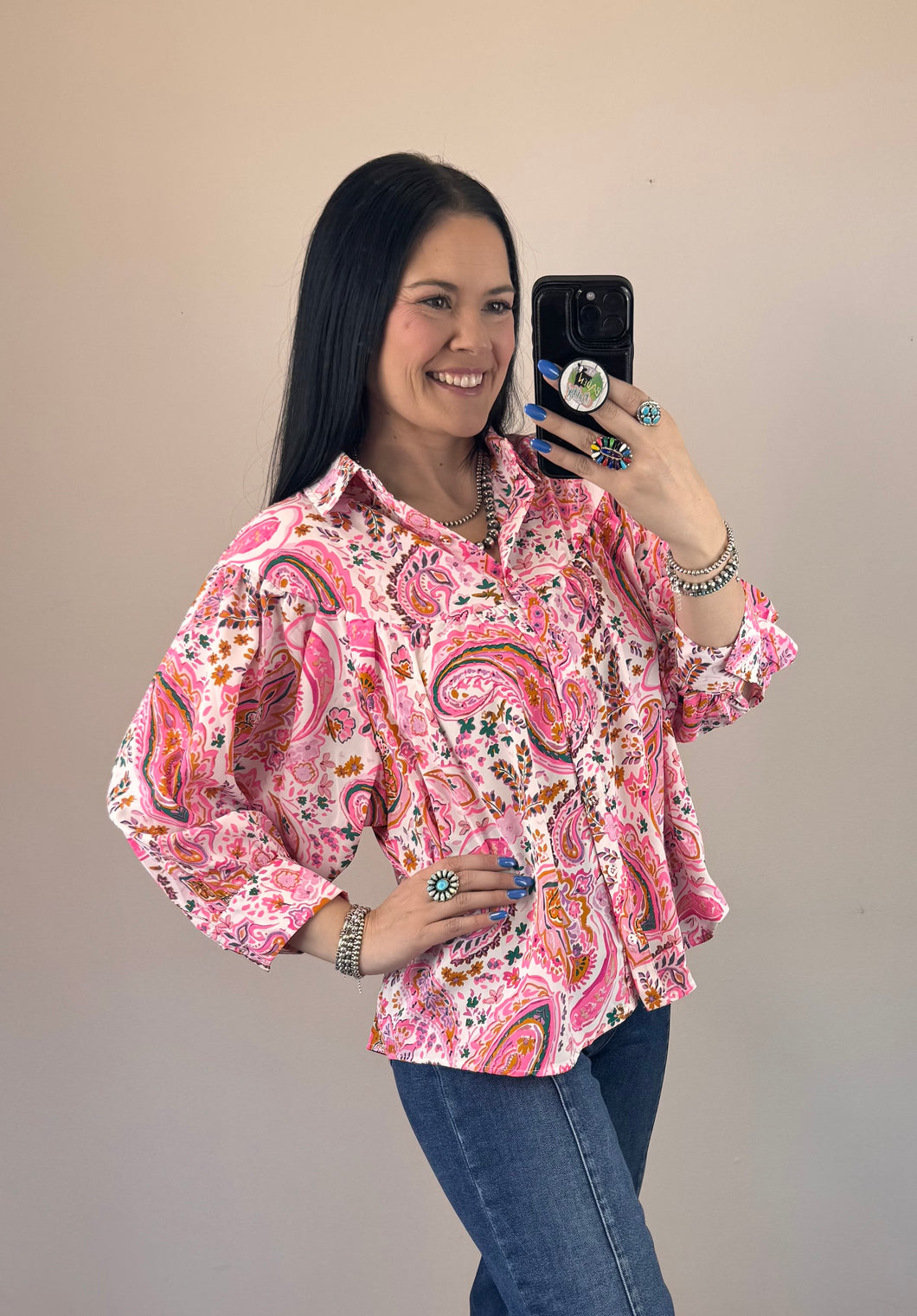Pink Paisley 3/4 Sleeve Collared Top