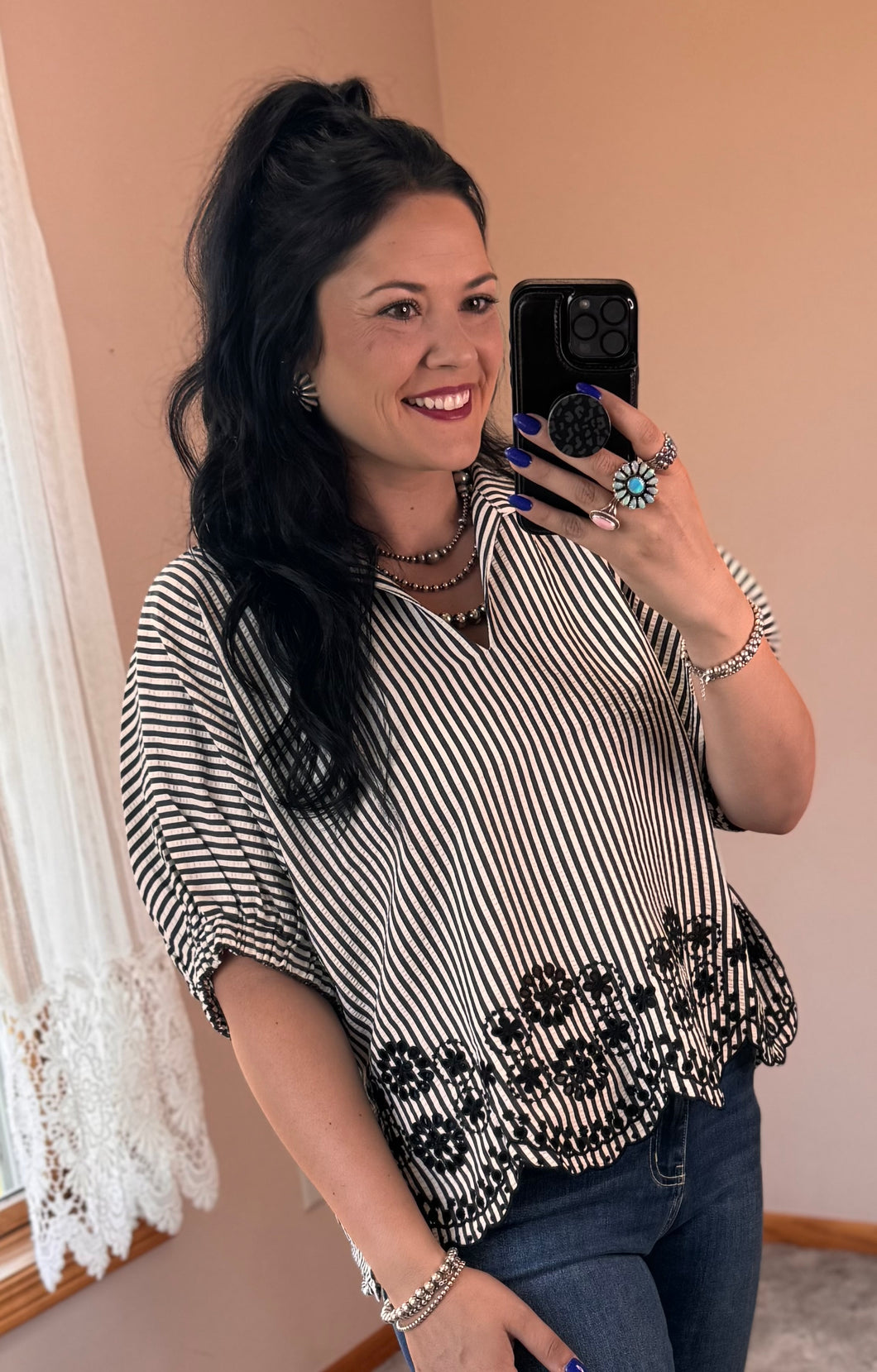 Black Striped Embroidered Top - PLUS