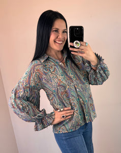 Green Paisley Collared Top