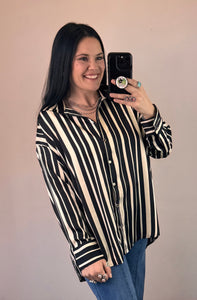 Black Striped Satin Button Down Top