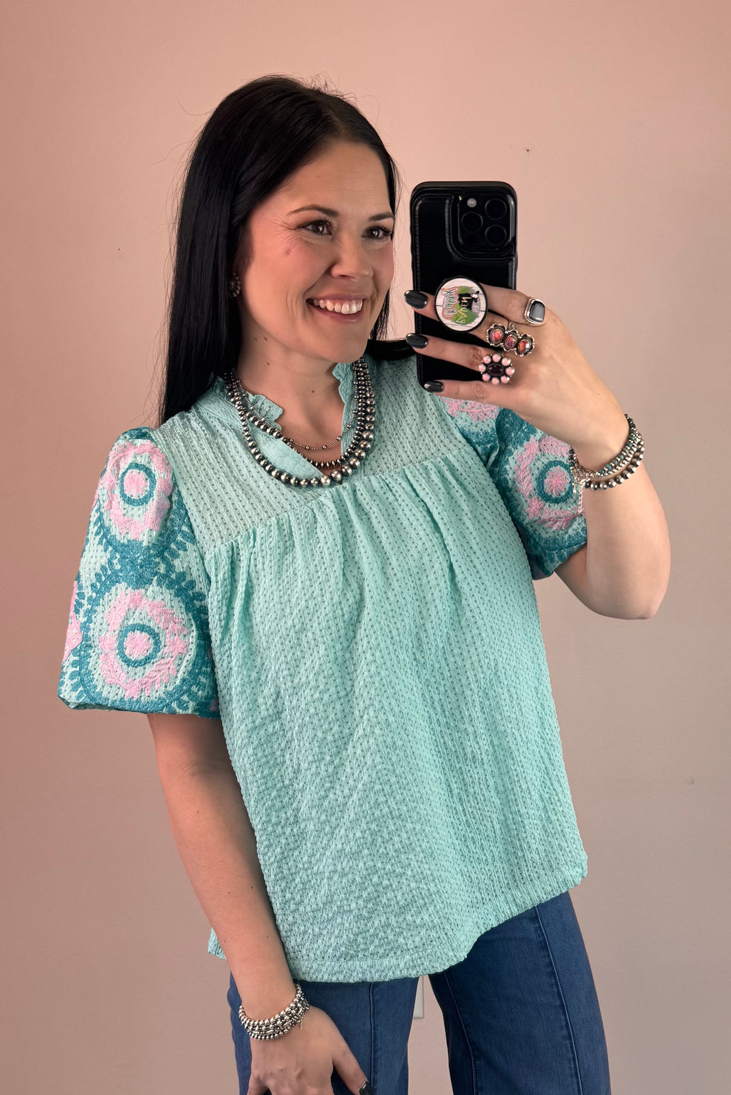 Mint Embroidered Sleeve Top