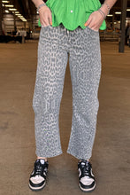 Load image into Gallery viewer, High Rise Tie Waist Grey Leopard Vervet Barrel Jeans
