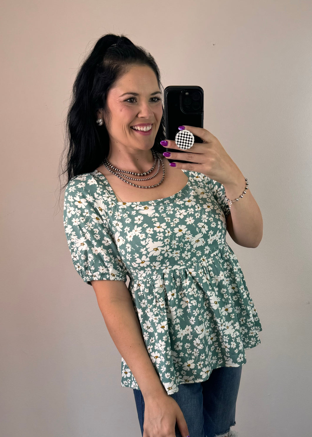 Green Daisy Print Top