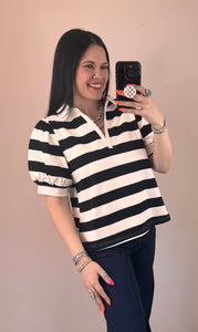Black Striped Collared Top