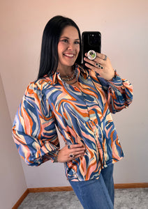 Satin Print Button Down Top