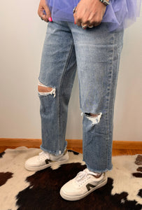 Distressed Slim Wide Cropped Flying Monkey Jeans.