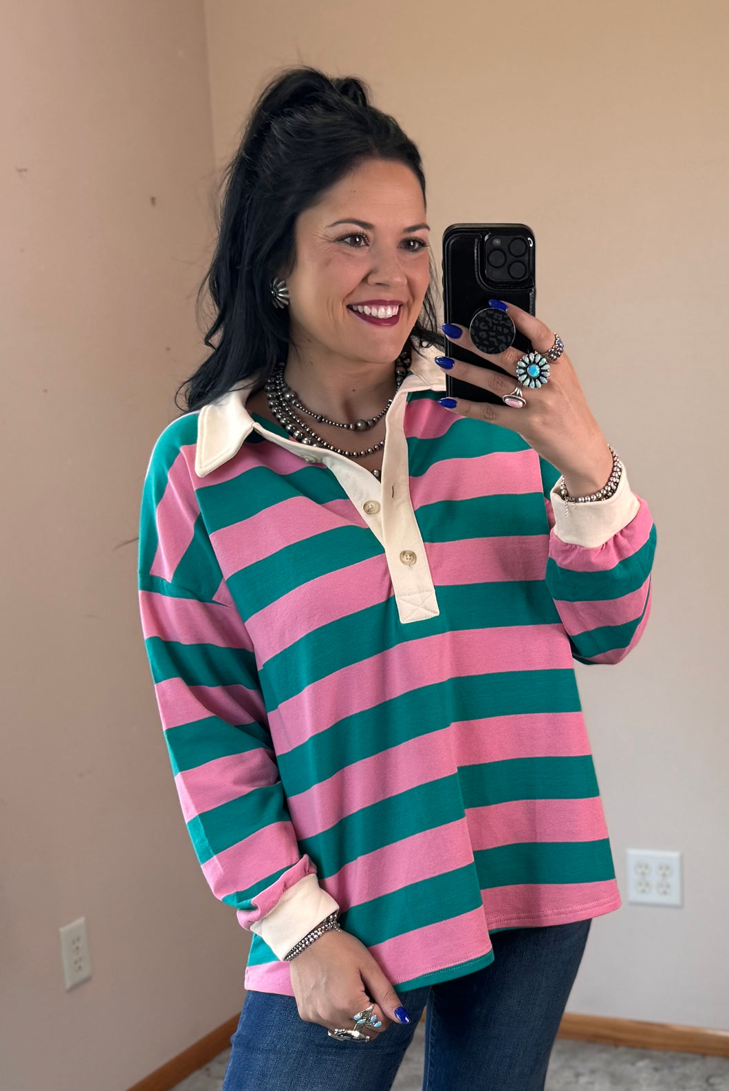 Pink And Jade Striped Top