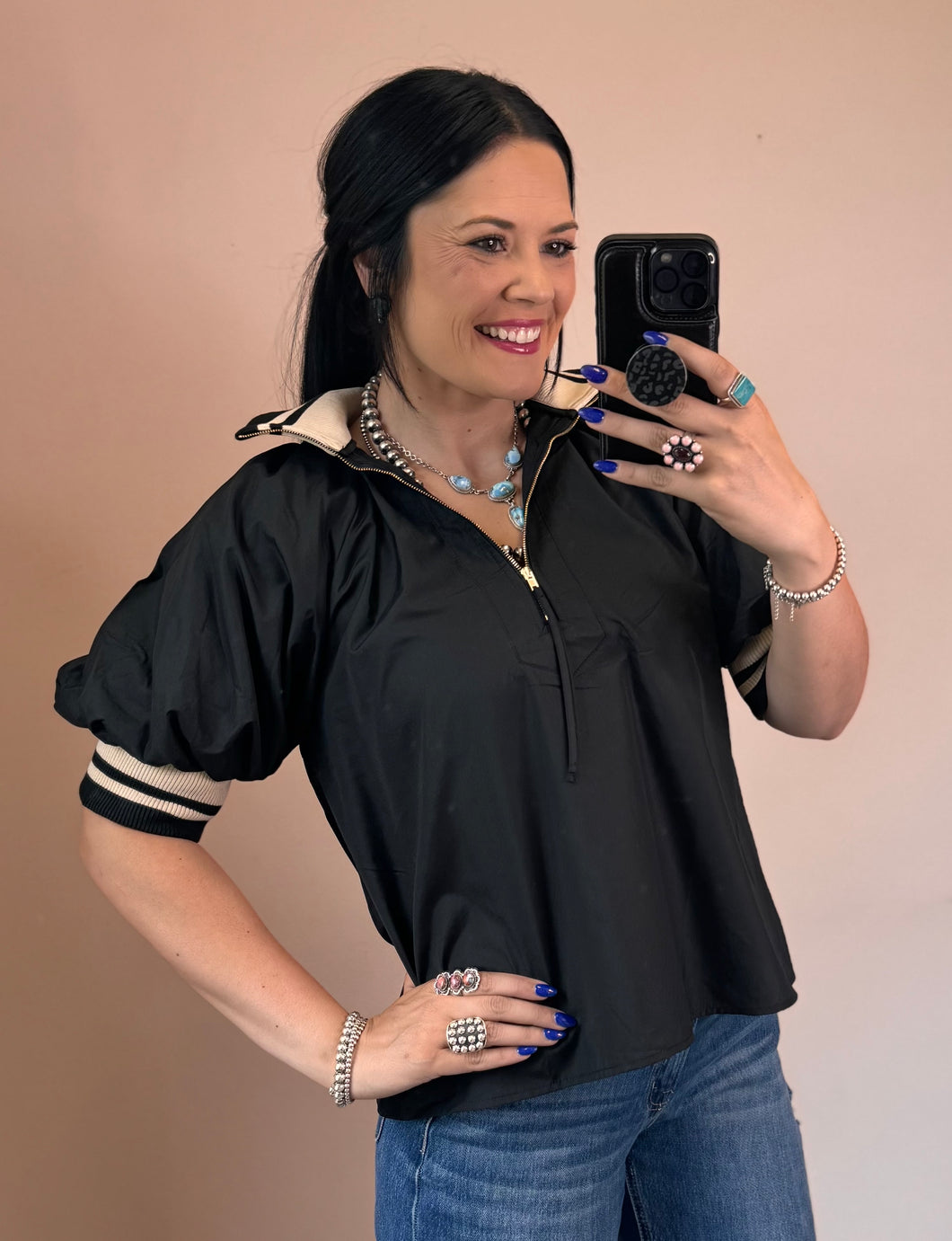 Puff Sleeve 1/4 Zip Top *2 COLORS**