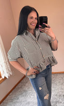 Load image into Gallery viewer, Striped Ruffle Hem Button Down Top
