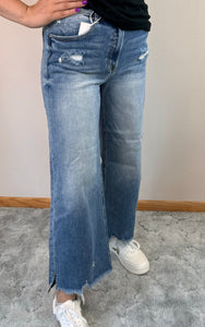 Medium Wash Cropped Wide Leg Risen Jeans