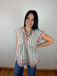 Charcoal Striped Embroidered Top
