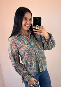 Green Paisley Collared Top