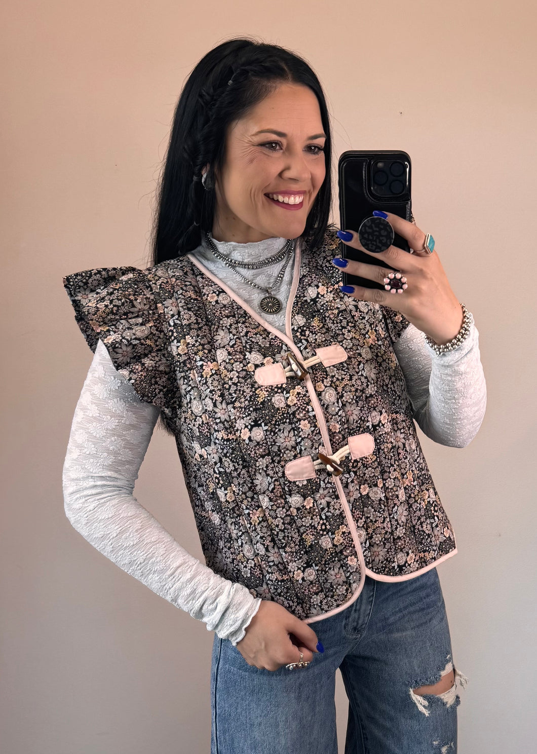 Black Floral Quilted Vest