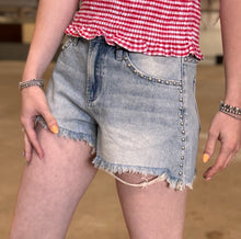 Load image into Gallery viewer, High Rise Studded Denim Mica Shorts
