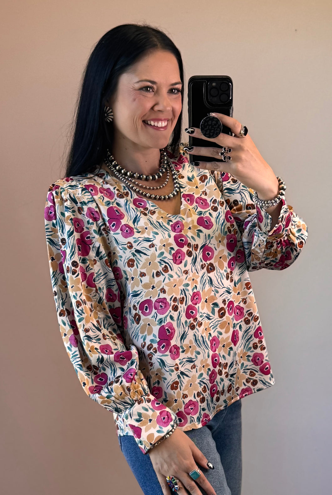 Floral V Neck Satin Top **2 COLORS**