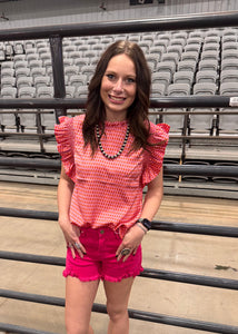 Fuchsia Frayed Hem Risen Shorts