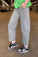 Load image into Gallery viewer, High Rise Tie Waist Grey Leopard Vervet Barrel Jeans

