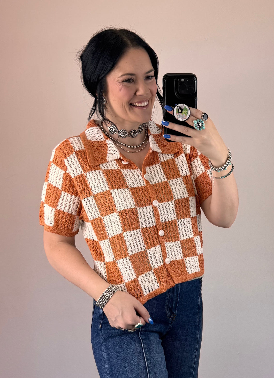 Orange Checkered Crochet Top