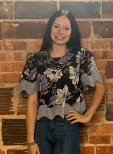 Black Floral Scallop Top