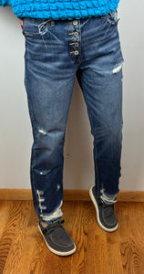 Dark Wash Button Fly Distressed Straight Leg KanCan Jeans