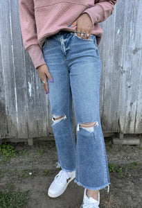 Distressed Slim Wide Cropped Flying Monkey Jeans.